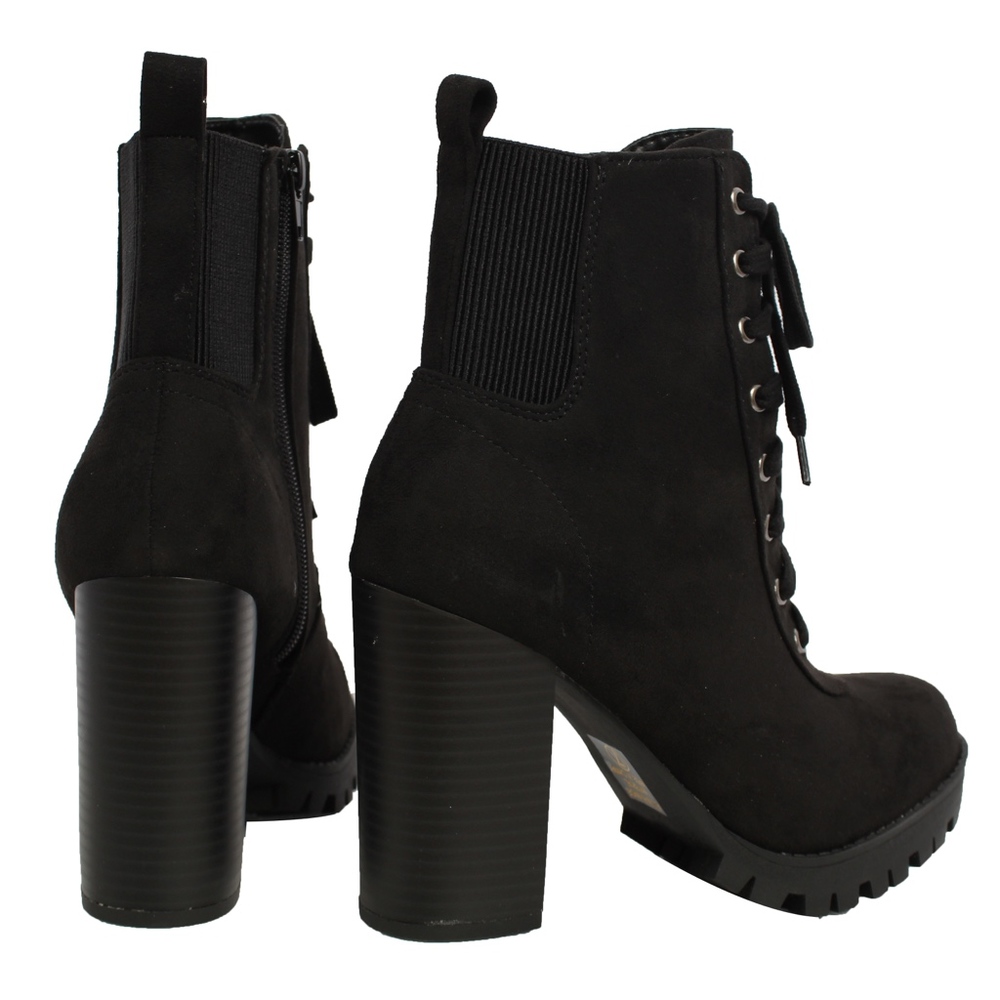 Size 8 Black Faux Suede Lace Up Stacked Block Heel - Picture 4 of 8